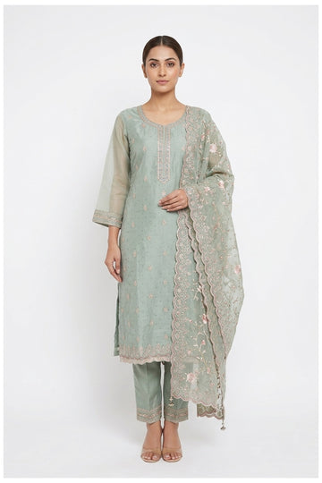Mint Green Embroidered Kurta Pant Set With Dupatta