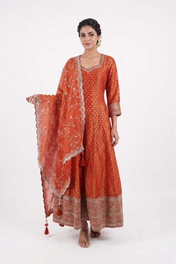 Sunset Orange Embroidered Anarkali Gown Set