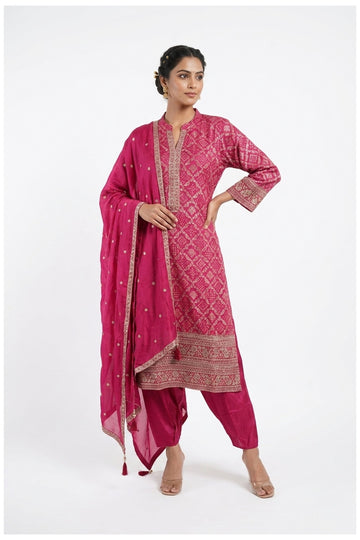 Rani Pink Bandhani Inspired Kurta Set With Designer Dupatta