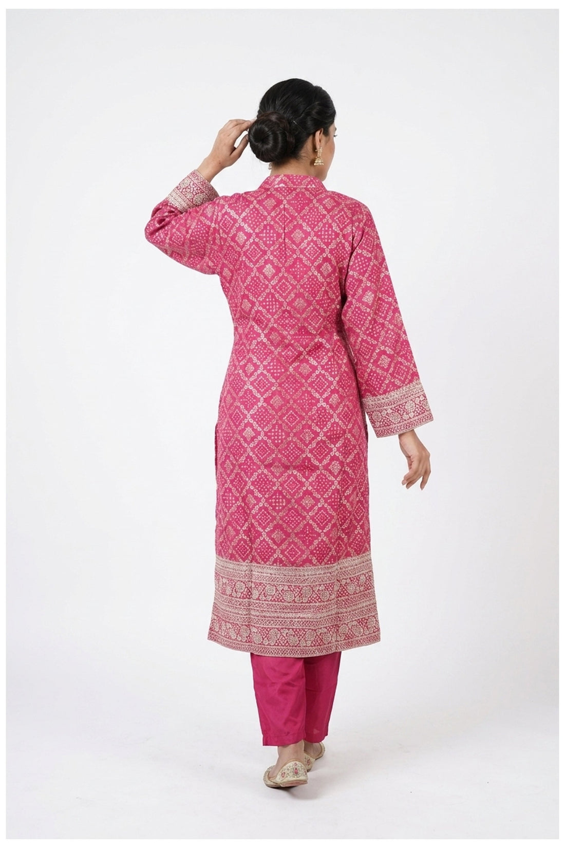 Rani Pink Bandhani Inspired Kurta Set With Designer Dupatta