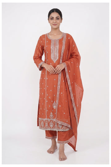 Coral Orange Embroidered Kurta Pant Set With Dupatta