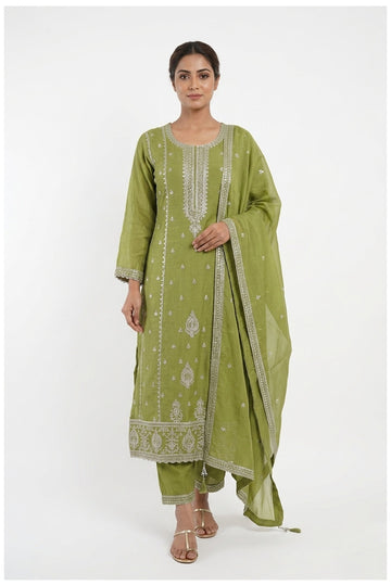 Olive Green Embroidered Kurta Pant Set With Dupatta