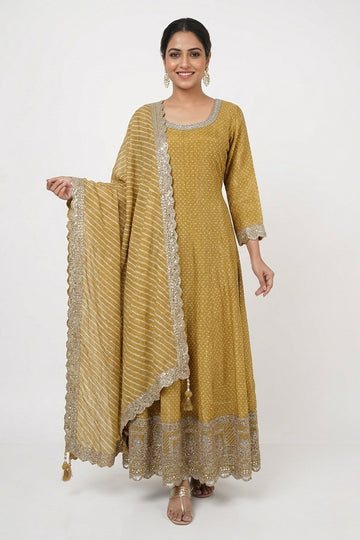 Mustard Yellow Embroidered Anarkali Gown Set With Leheriya Dupatta
