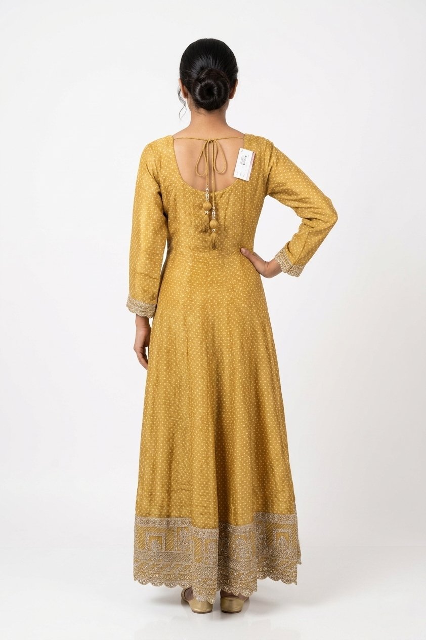 Mustard Yellow Embroidered Anarkali Gown Set With Leheriya Dupatta