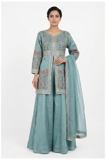 Powder Blue Embroidered Jacket Palazzo Set With Dupatta
