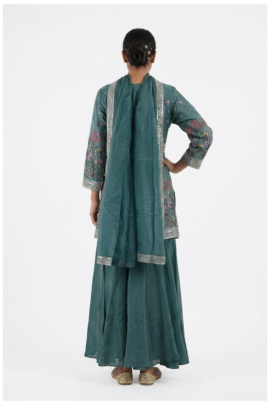 Powder Blue Embroidered Jacket Palazzo Set With Dupatta