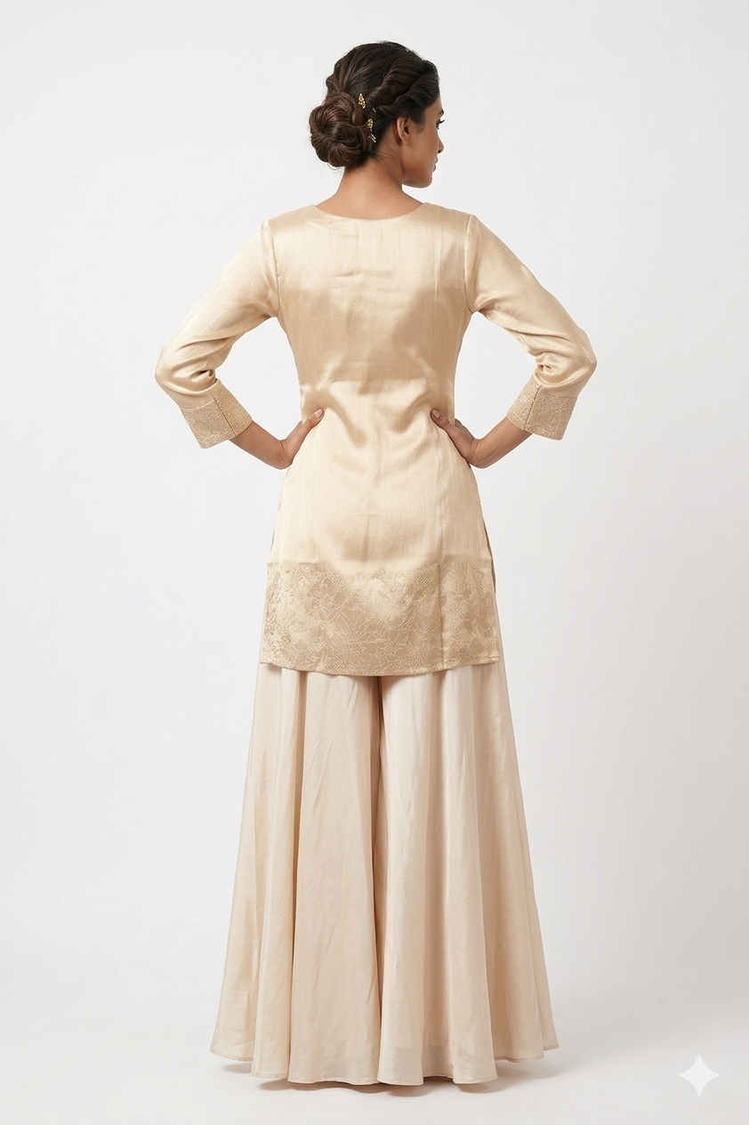 Champagne Gold Sharara Suit Set With Embroidered Kurta & Organza Dupatta