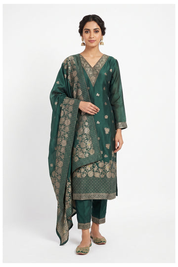 Teal Green Printed Kurta Pant Set With Dupatta