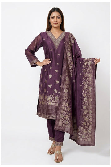 Royal Plum Floral Woven Kurta Pant Set With Dupatta