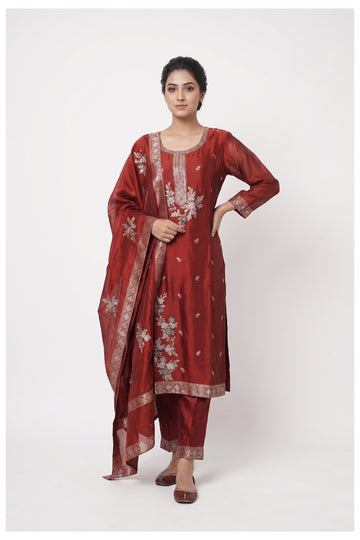 Wine Red Embroidered Kurta Pant Set With Dupatta