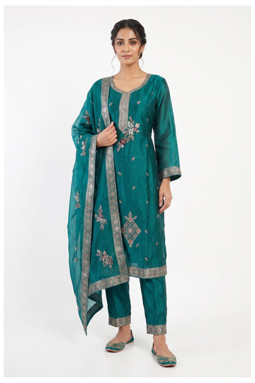 Teal Embroidered Kurta Pant Set With Dupatta