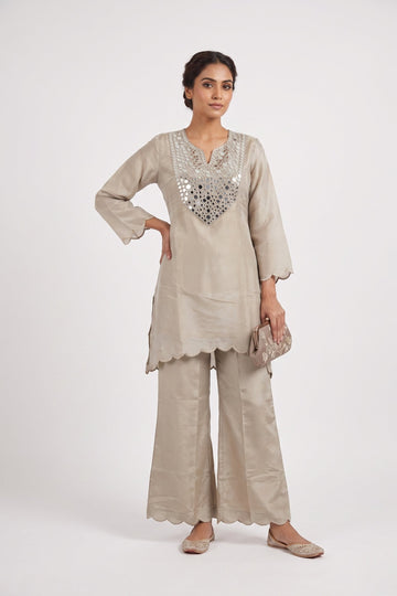 Champagne Beige Mirror Work Kurta Palazzo Set