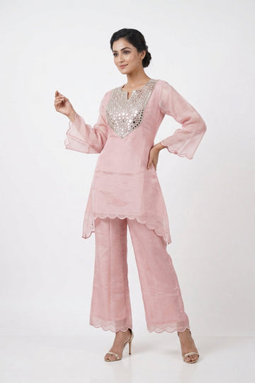 Blush Pink Mirror Work Co-Ord Indo Western Set