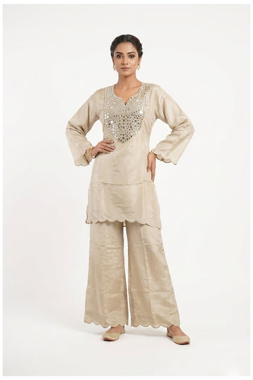 Champagne Beige Mirror Work Co-Ord Palazzo Set
