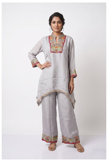Silver Grey Embroidered Kurta Palazzo Set