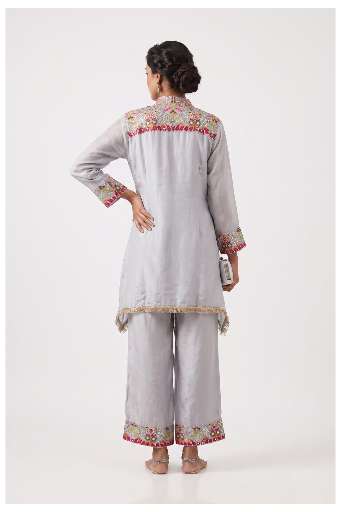 Silver Grey Embroidered Kurta Palazzo Set