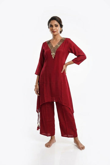 Ruby Red Asymmetric Festive Kurta Palazzo Set