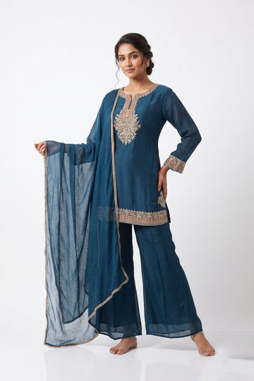 Royal Teal Embroidered Palazzo Suit Set