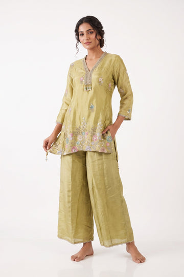 Light Olive Gold Floral Embroidered Co-Ord Set