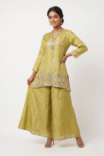 Olive Gold Floral Embroidered Indo-Western Palazzo Set