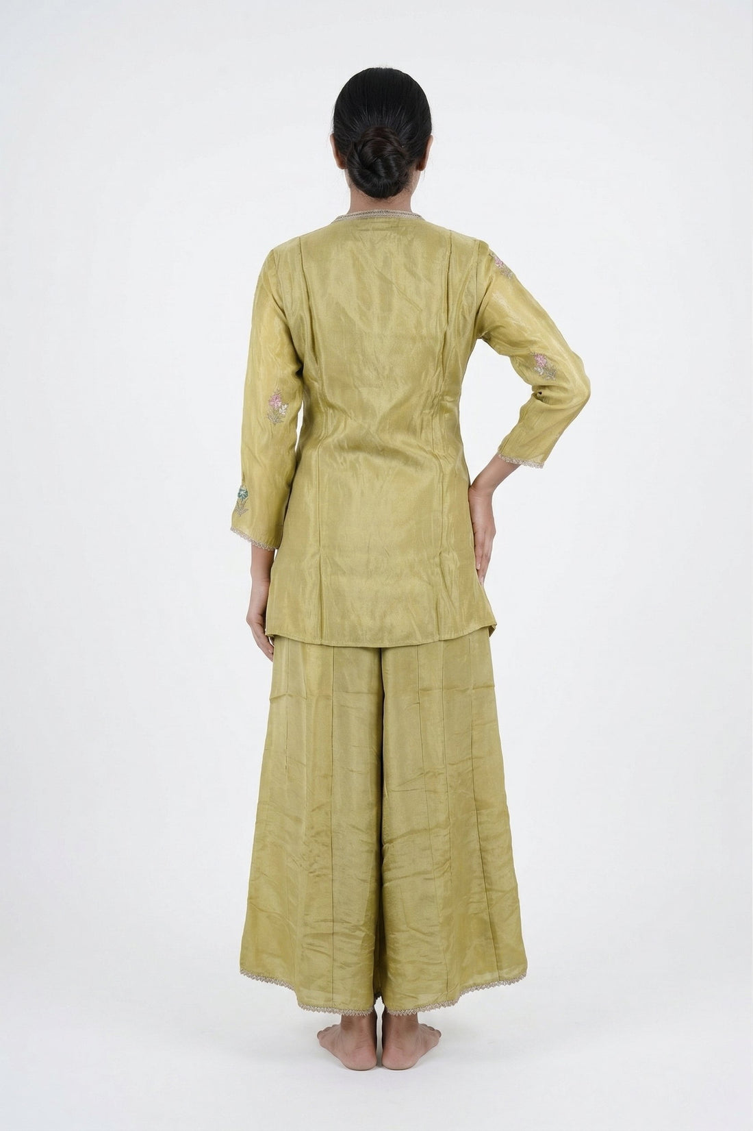 Olive Gold Floral Embroidered Indo-Western Palazzo Set