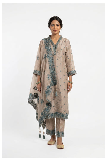 Beige & Teal Embroidered Designer Suit Set With Dupatta
