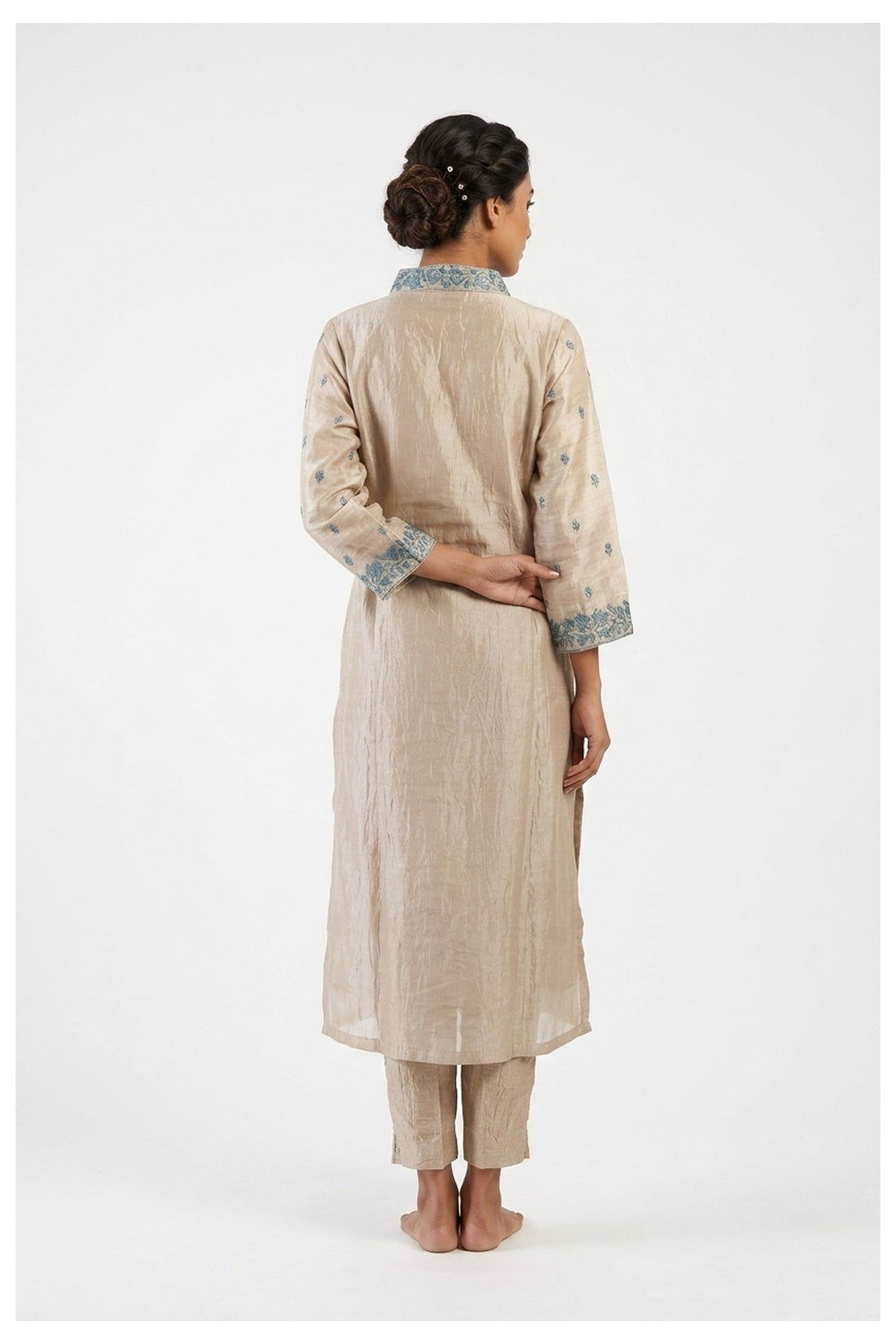 Beige & Teal Embroidered Designer Suit Set With Dupatta