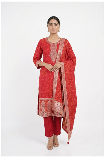 Coral Red Printed Kurta Pant Set With Dupatta