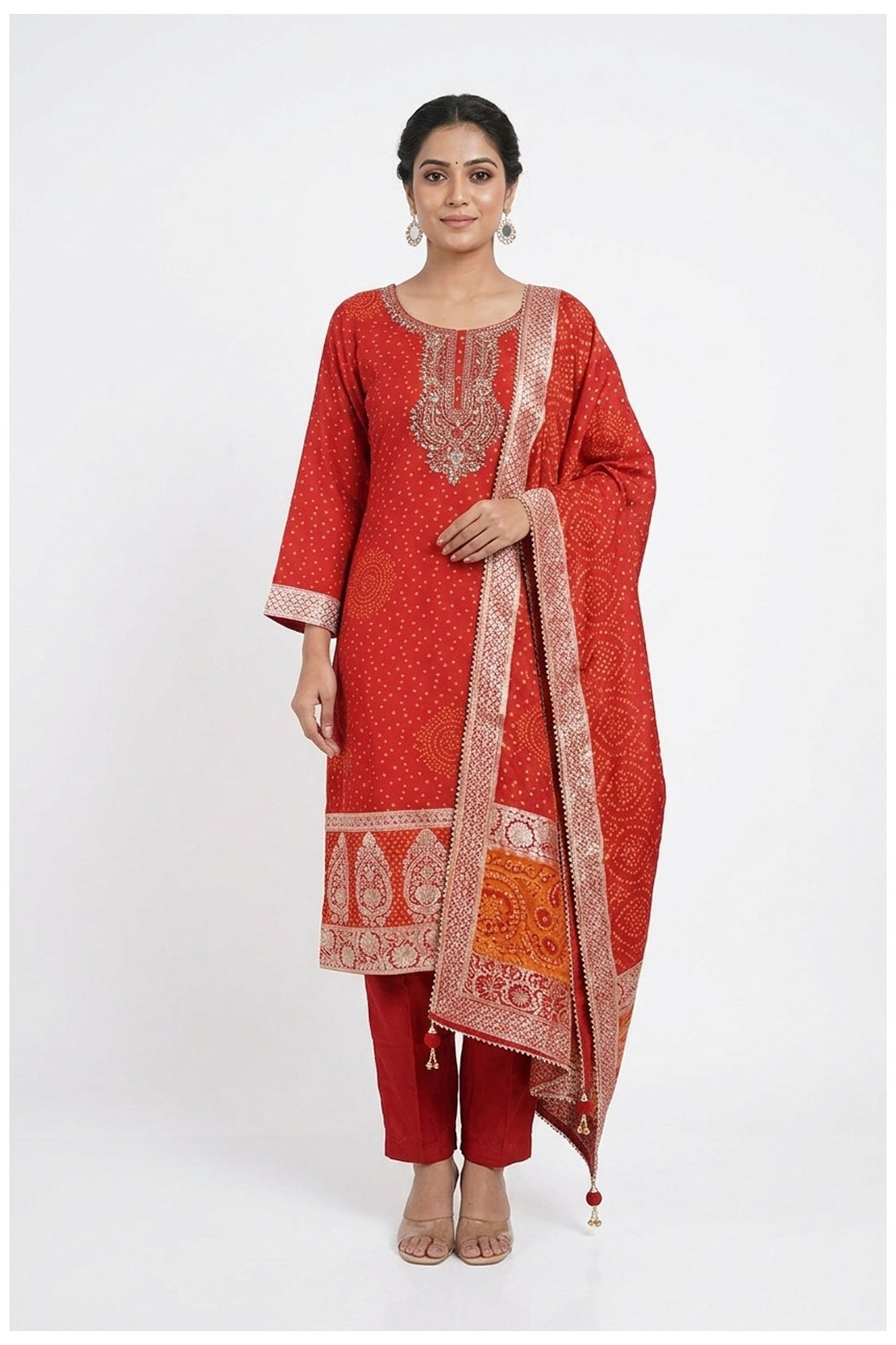 Coral Red Printed Kurta Pant Set With Dupatta