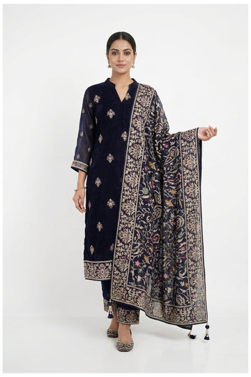 Midnight Blue Embroidered Kurta Palazzo Set With Dupatta