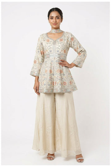 Ivory Floral Printed Peplum Palazzo Set
