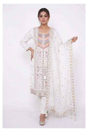 White Pastel Embroidered Designer Suit Set With Elegant Dupatta