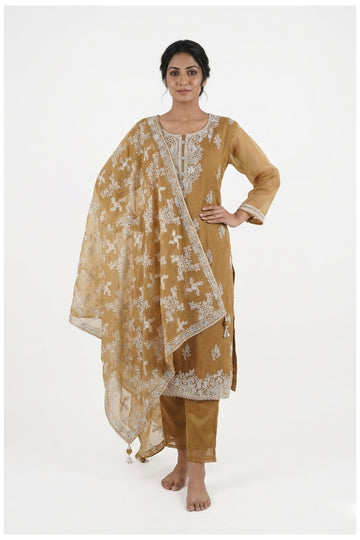 Mustard Embroidered Kurta Pant Set With Dupatta