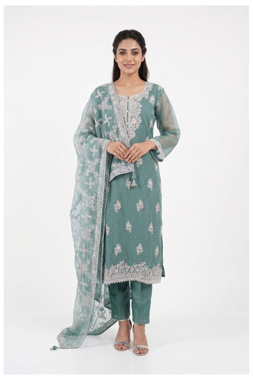 Sea Green Embroidered Kurta Pant Set With Dupatta