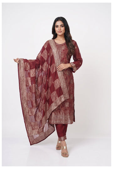 Maroon Embroidered Kurta Pant Set With Dupatta
