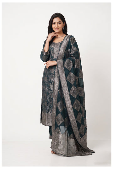 Teal Blue Woven Kurta Pant Set With Dupatta