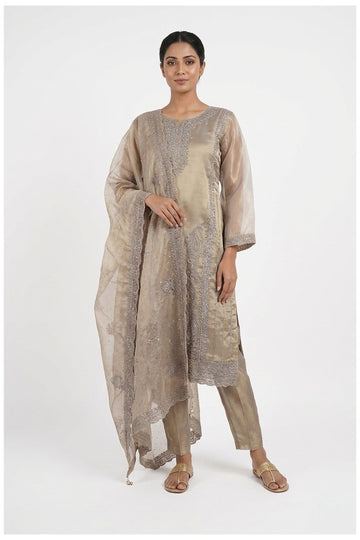 Champagne Beige Embroidered Kurta Pant Set With Dupatta