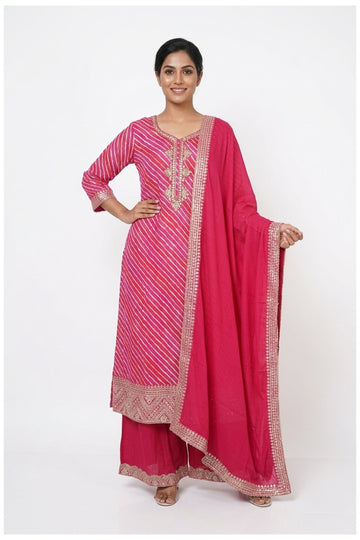 Rani Pink Leheriya Kurta Palazzo Set With Dupatta