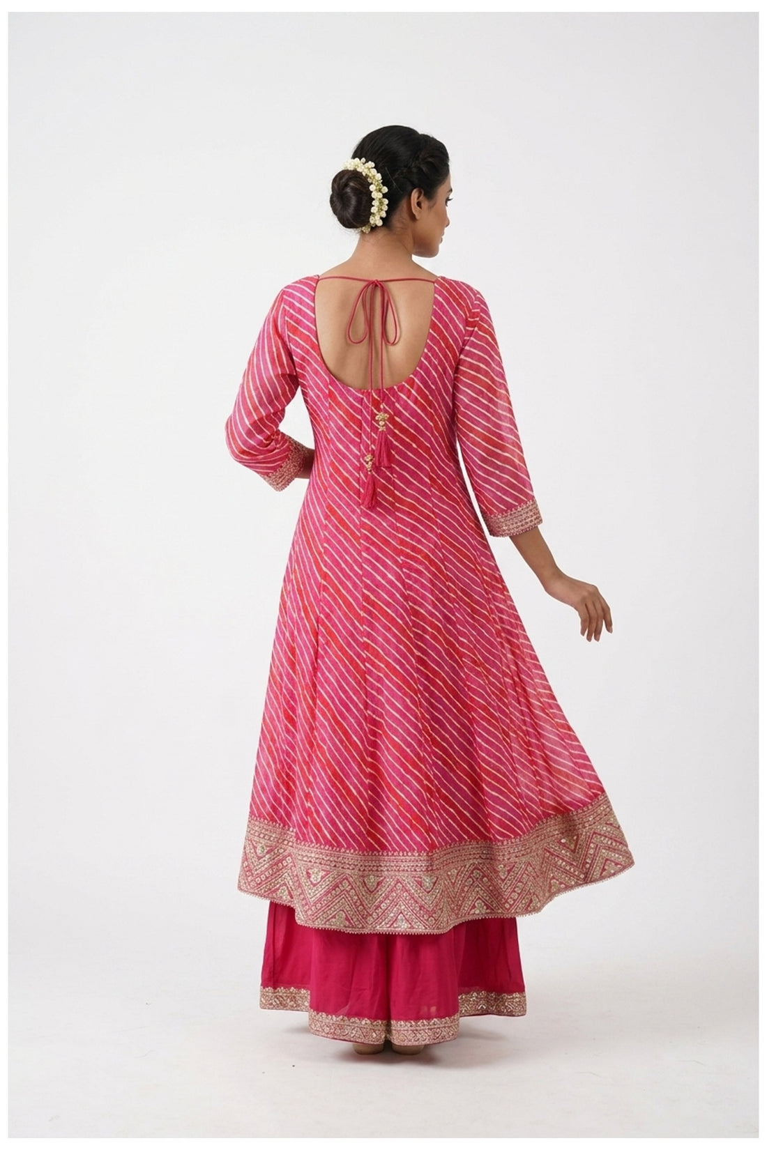 Rani Pink Leheriya Kurta Palazzo Set With Dupatta