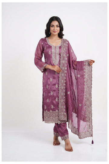 Mauve Embroidered Kurta Pant Set With Dupatta