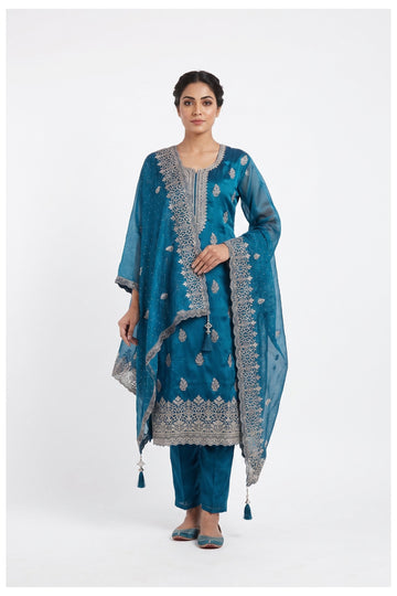 Royal Teal Embroidered Kurta Pant Set With Dupatta