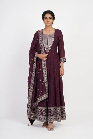 Royal Wine Embroidered Anarkali Gown Set With Dupatta