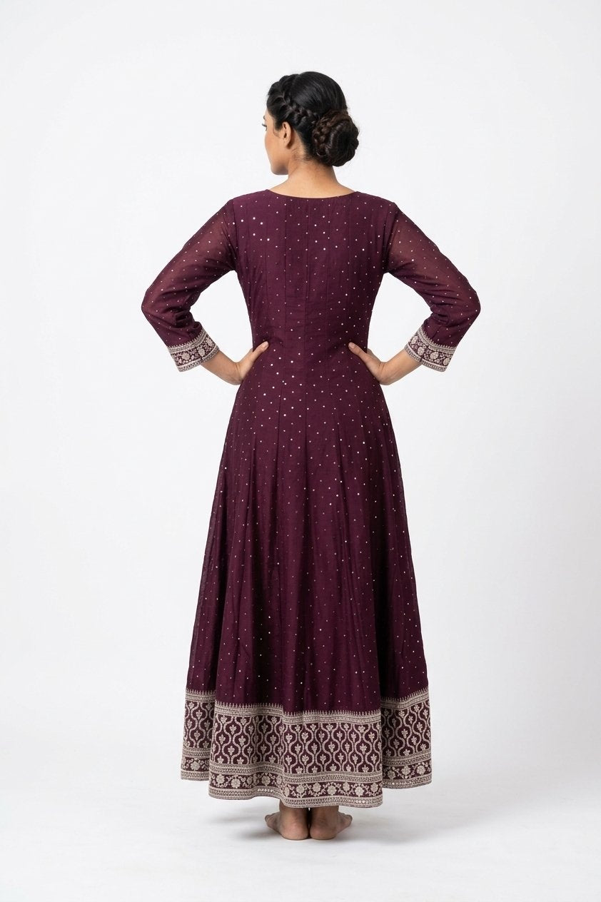 Royal Wine Embroidered Anarkali Gown Set With Dupatta