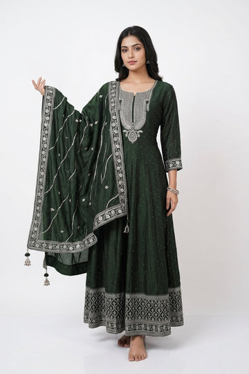 Royal Emerald Embroidered Anarkali Gown Set