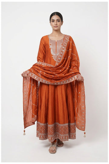 Rust Orange Anarkali Set With Dupatta