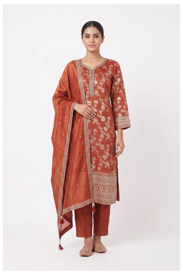 Rust Orange Embroidered Kurta Pant Set With Dupatta