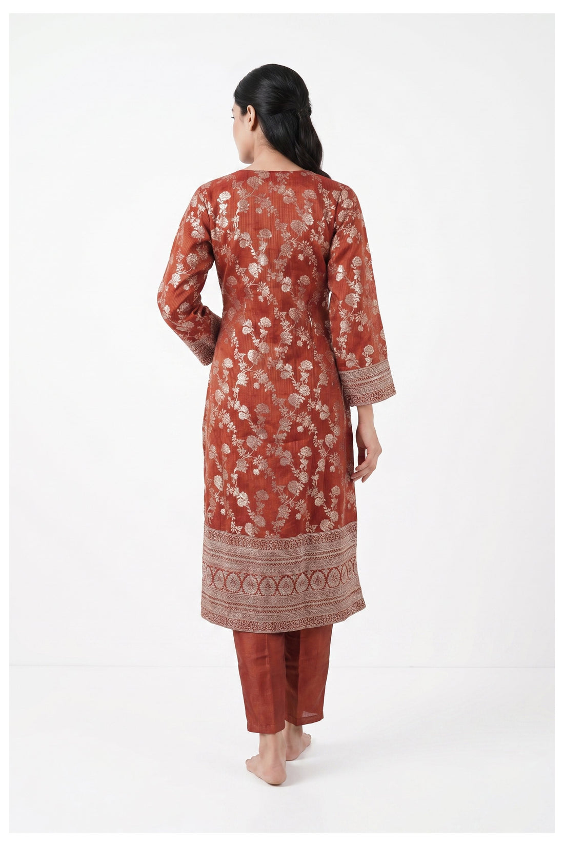 Rust Orange Embroidered Kurta Pant Set With Dupatta