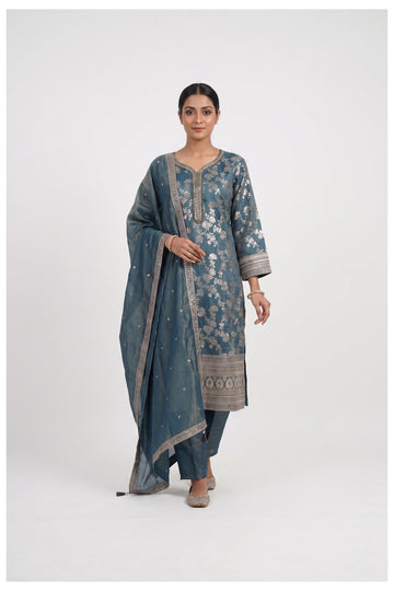 Steel Blue Embroidered Kurta Pant Set With Dupatta