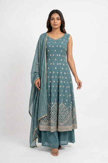 Cadet Blue Zari Embroidered Anarkali Set with Striped Dupatta