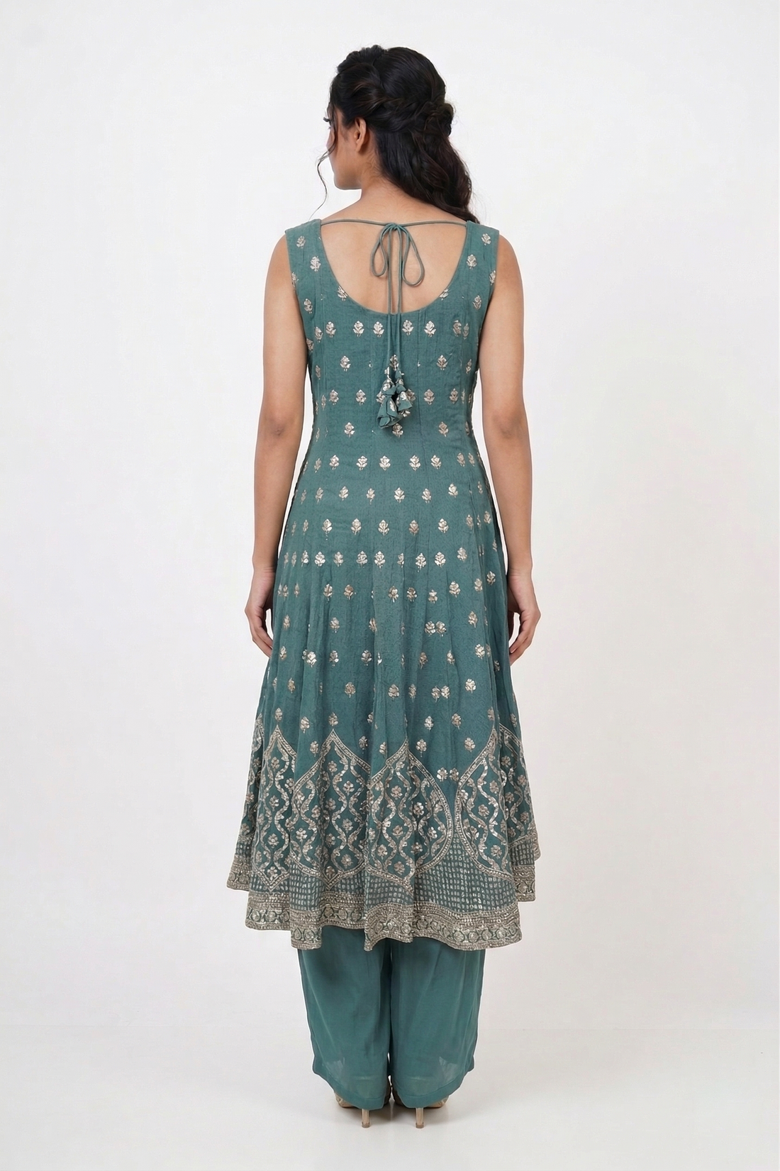 Cadet Blue Zari Embroidered Anarkali Set with Striped Dupatta